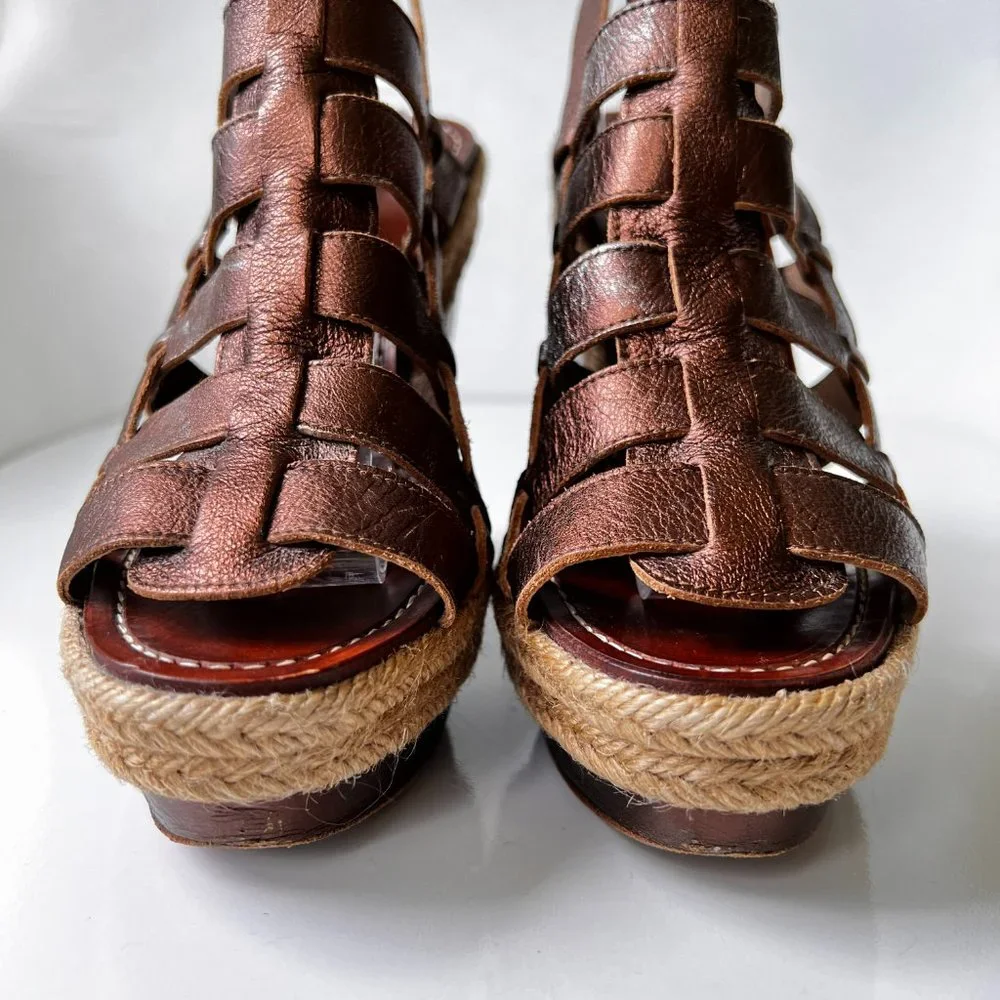 Christian Louboutin Bronze Barcelona Leather Espadrille Wedge Sandals Size EU 39